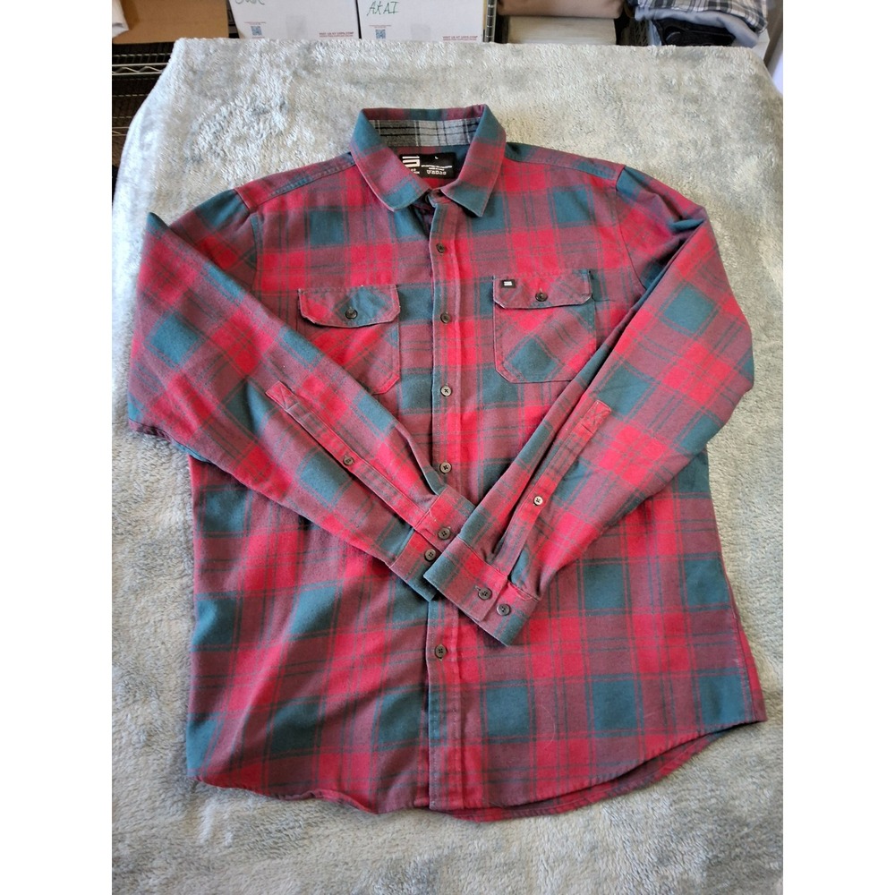 Three Sixty Six Mens Flannel Shirt L Red Teal Green Plaid Long Sleeve ButtonDown